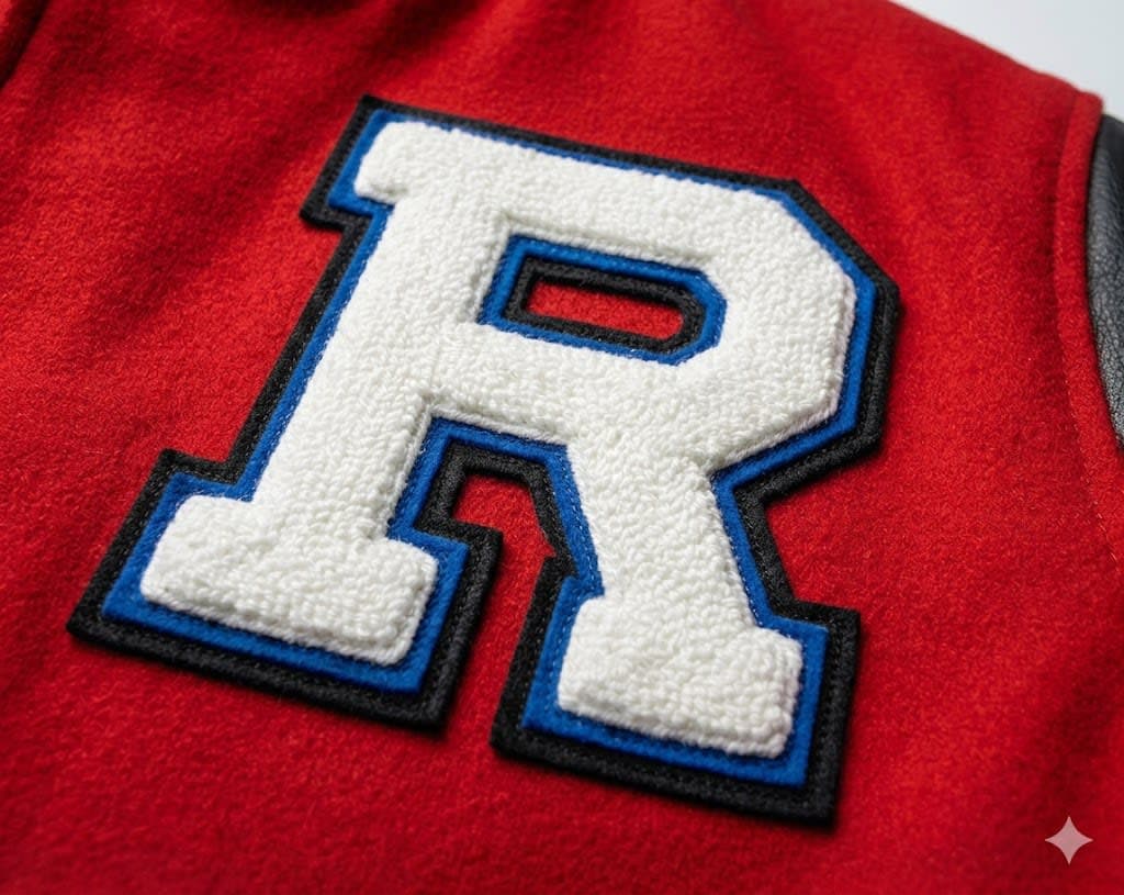Layered chenille chest letter on varsity jacket