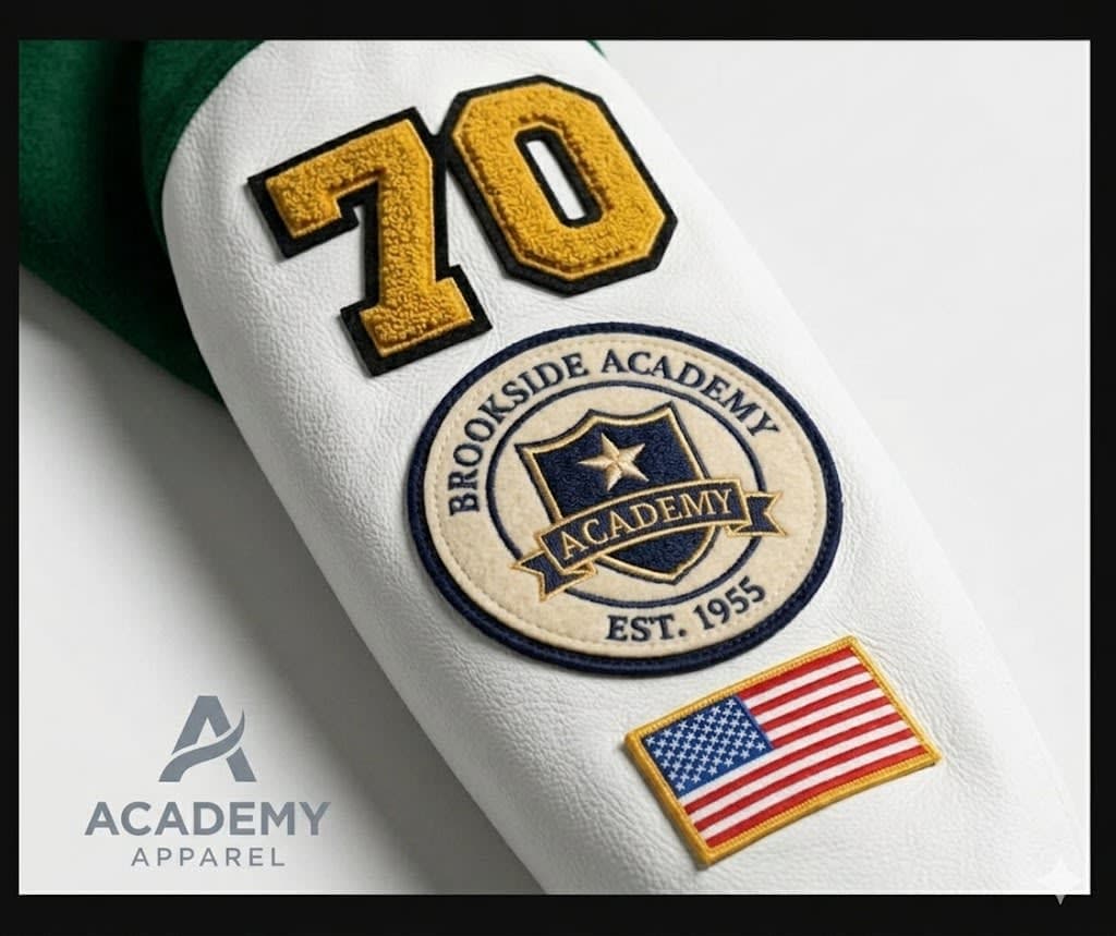 Chenille sleeve stack with year and captain patch